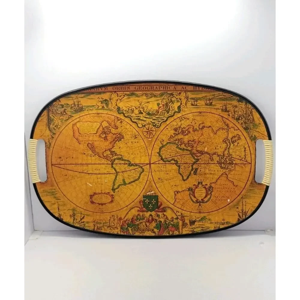 Vintage Old World Map Globe Serving Tray Made in Japan Oval Bar Serving Tray